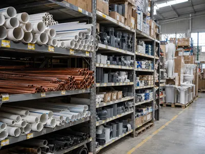Tubería, conexiones y muebles de baño en almacén