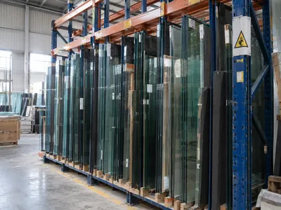 Racks de vidrio plano y templado en almacén