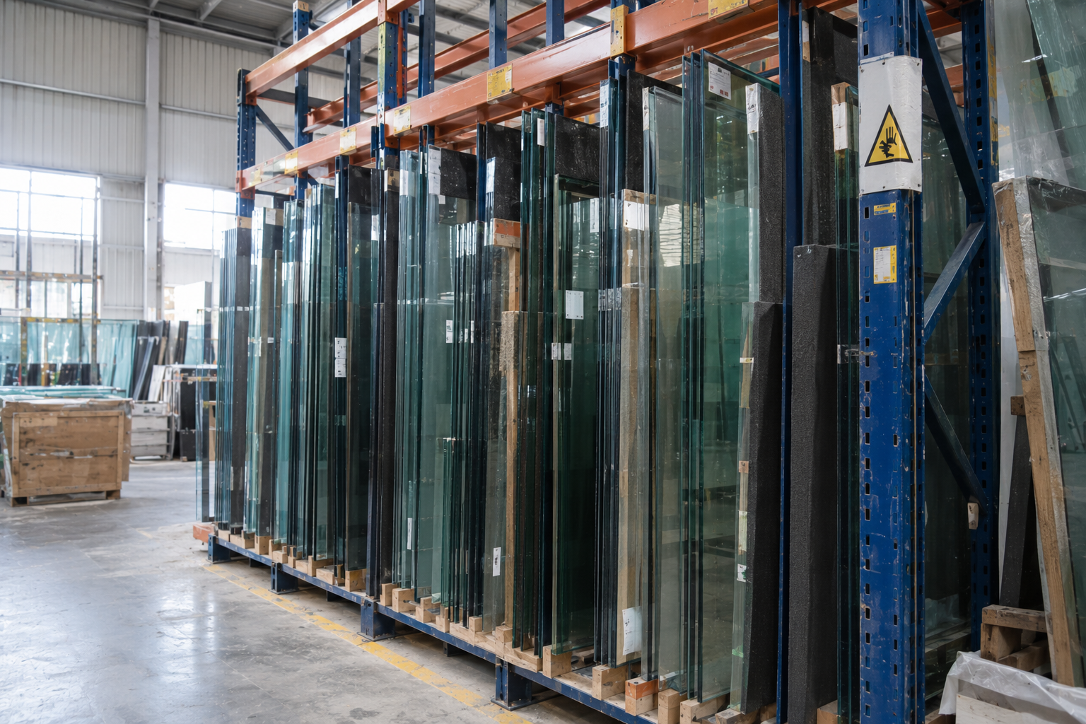 Racks de vidrio plano y templado en almacén